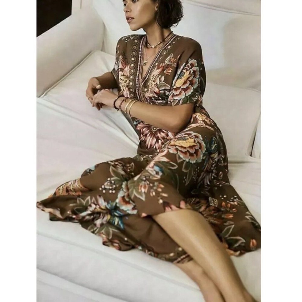Anthropologie Farm Rio Womens Brown Floral V Neck Valentina Maxi Dress Size M